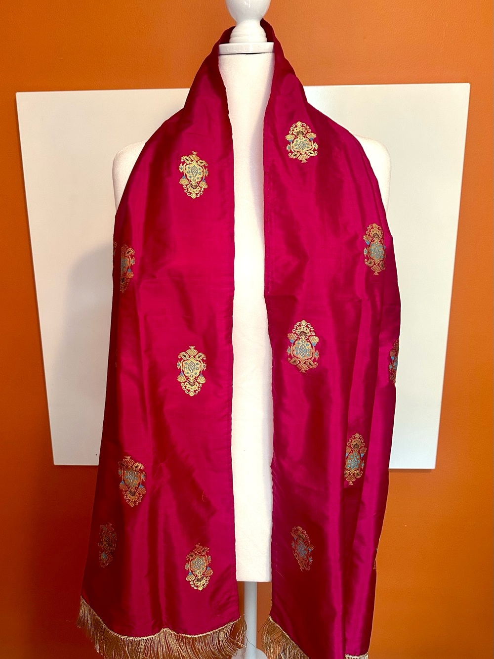 Hot Pink Brocade Silk-Blend Dupatta Shawl Gold Zari Work - 68×32